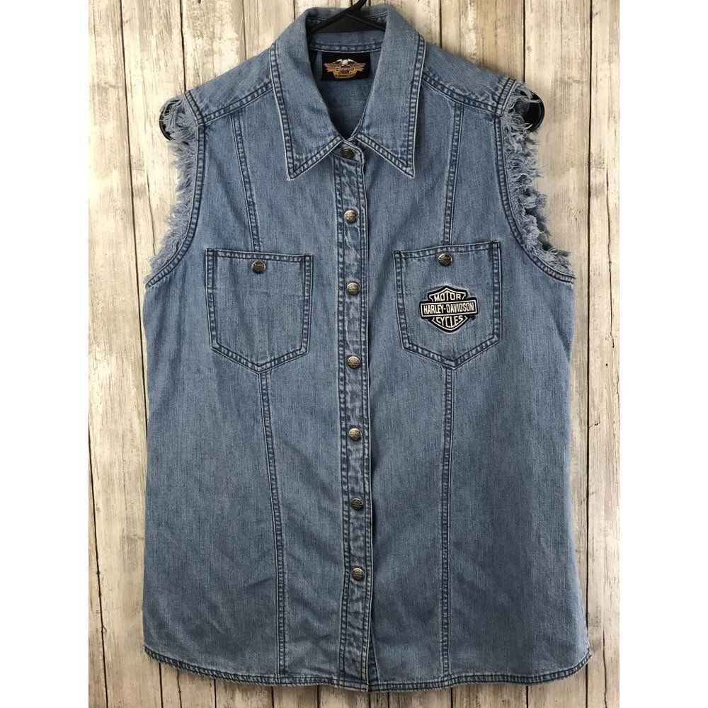 Harley Davidson Women's L Denim Sleeveless Embroidered Snap Button Vest EUC